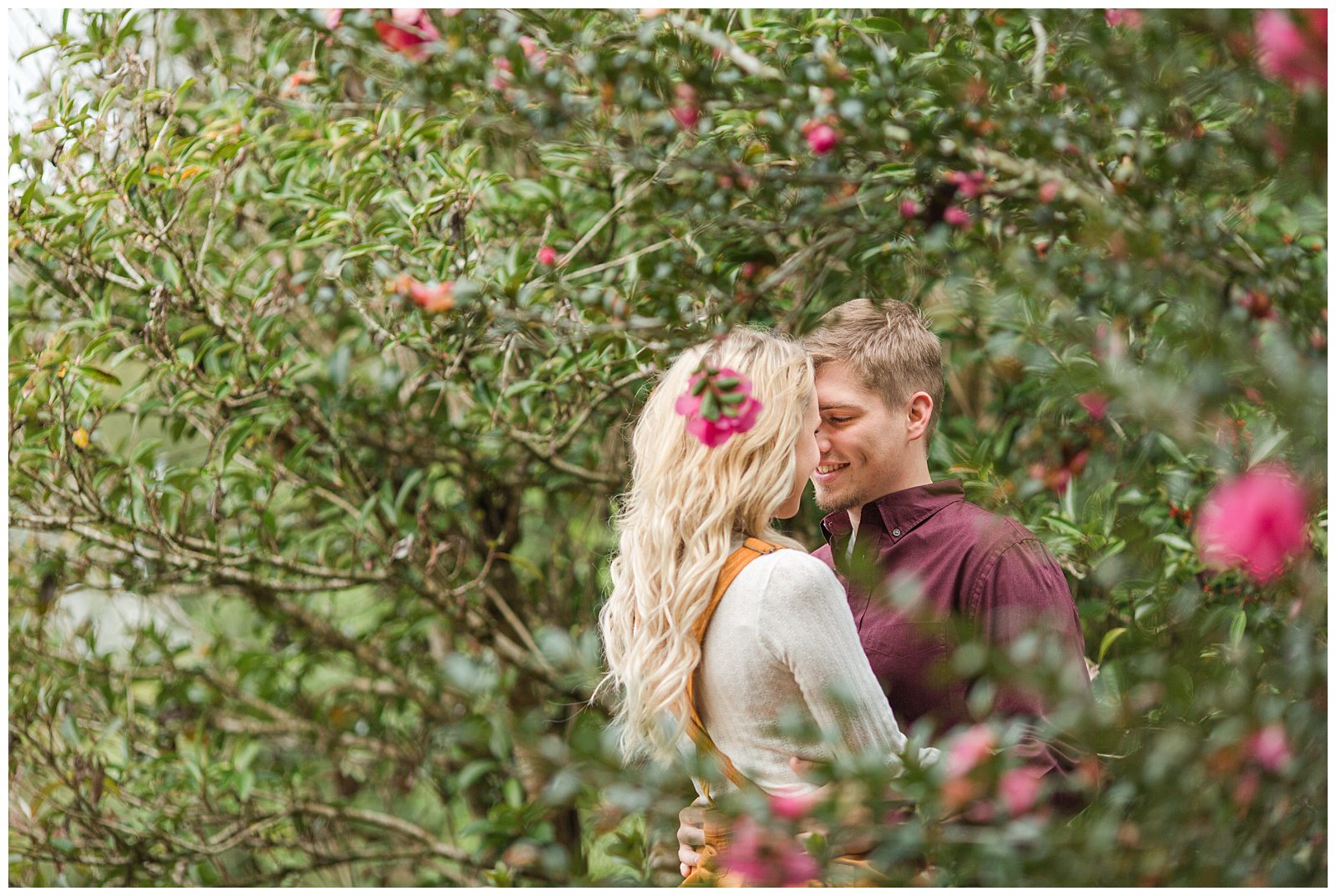 couple kissing in camelia bushes
