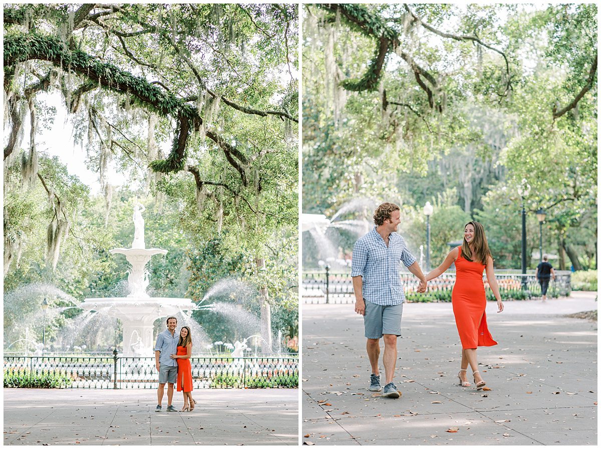 engagement session in savannah at forsyth park fountain and monterey square. 